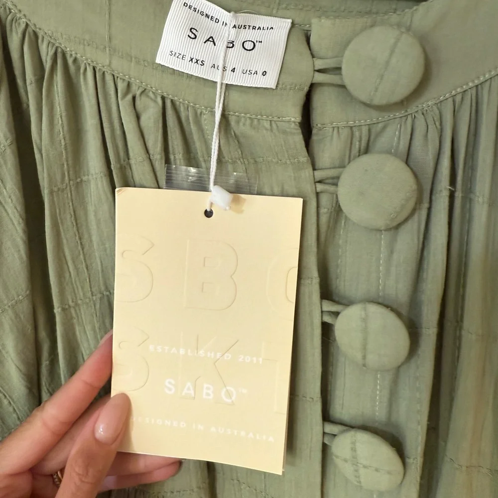 SABO SKIRT | “East Dress” Green Button-Up Tiered Dress SIZE XXS | NWT - Picture 11 of 11